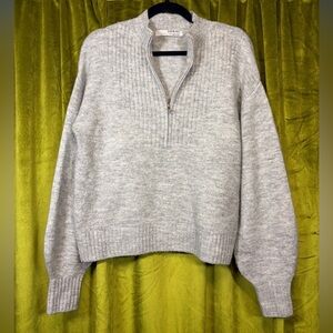 Rue Sophie Light Grey Ribbed Half Zip Mock Neck Sweater. Size Small Retail $248